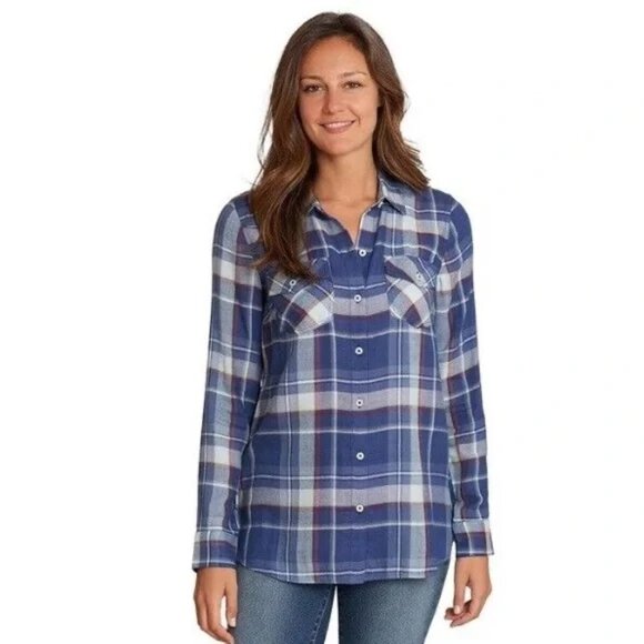 Jessica Simpson Long Sleeve Button Up Blue Plaid Top Women S - Picture 1 of 6